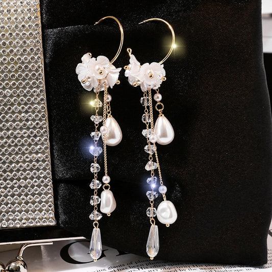 Crystal Tassel White Flower Drop Earrings Women Modern Wedding Jewelry Dangle