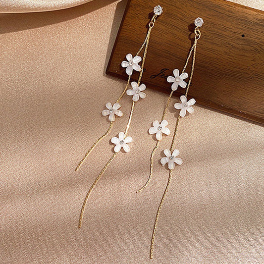 White Flowers Tassel Drop Earrings Women Modern Wedding Jewelry Dangle Gifts