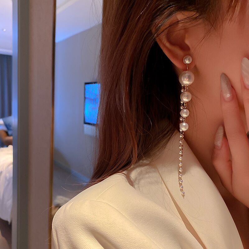 1Pair Long Imitation Pearl Rhinestone Tassel Earrings for Girls Women Birthday