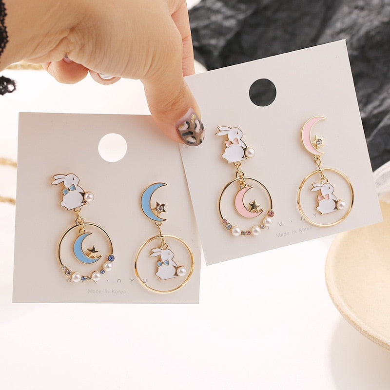 9 Styles Enamel Moon Stars Rabbit Asymmetrical Drop Earrings for Girls Women