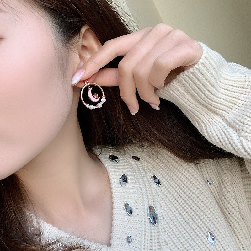 Pink Moon Rabbit Dangle Earrings for Girls Women Birthday Gift Lovely Jewelry