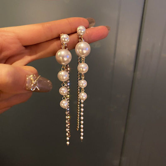 1Pair Long Imitation Pearl Rhinestone Tassel Earrings for Girls Women Birthday