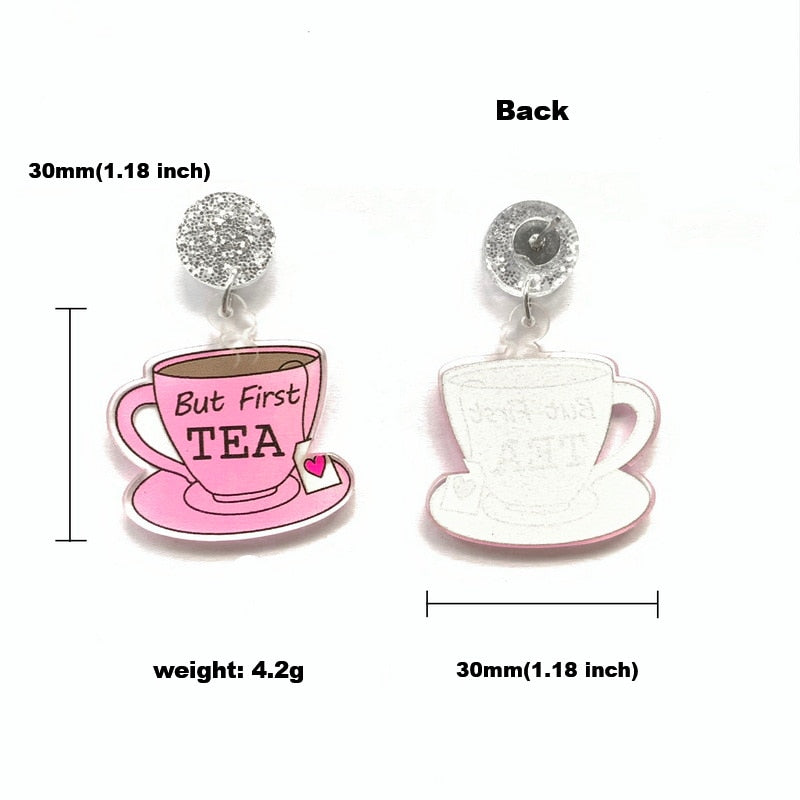 But First Tea Pink Tea Cup Drop Dangle Earrings Trendy Women Fashion Earrings