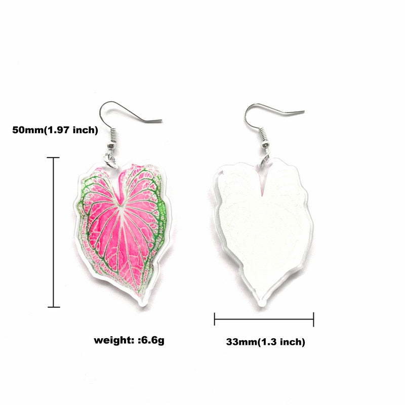 Acrylic Pink Botanical Caladium Leaves Drop Earrings Fashion Women Summer Party