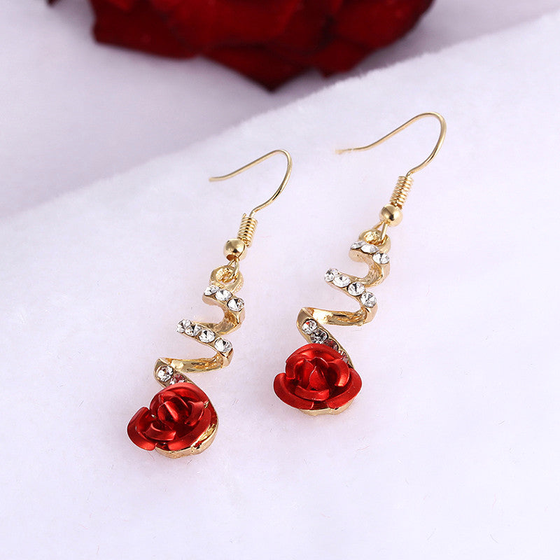 Red Rose Drop Earrings Vintage Women Rose Spiral Dangle Earring Fashion Jewelry