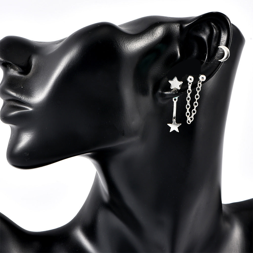 Moon Star Chain Ear Stud Earrings Dangle Women Fashion Jewelry Gift for Her