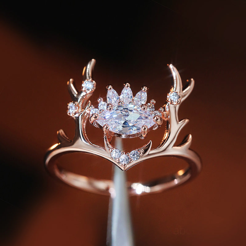 Fashion Glittering Zircon Embellished Lovely Rose Gold Elk Antlers Zircon Wedding Ring