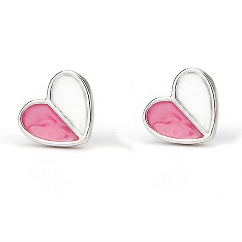 Half White Pink Heart Stud Earrings Accessories Gift Women Girl Fashionable