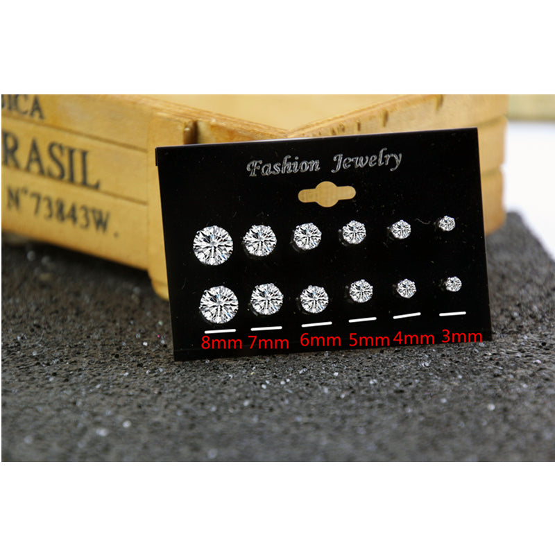 6pairs 6 Sizes Rhinestone Stud Earrings Fashion Women Female Earrings Piercing