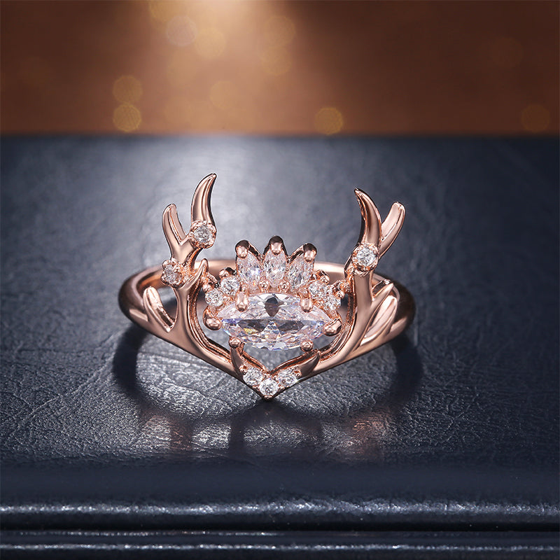 Fashion Glittering Zircon Embellished Lovely Rose Gold Elk Antlers Zircon Wedding Ring