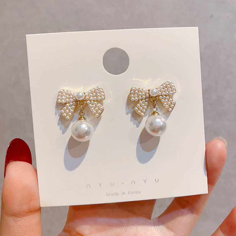 Cute Pearl Bow Stud Earrings Accessories Gift Women Girl Fashionable Jewelry