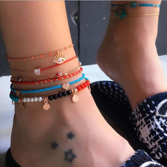 Colorful Beaded Fringe Eye Geometric Anklet