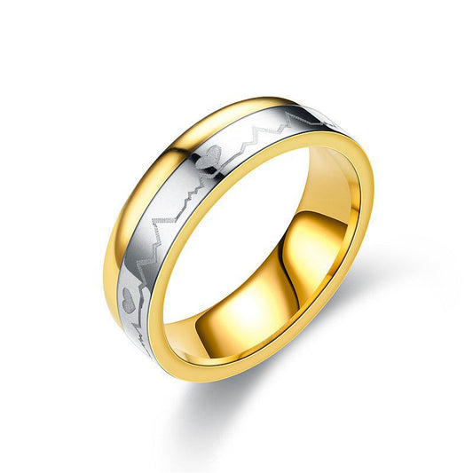 Titanium Steel Ring Between Gold ECG Love Heart Stainless Steel