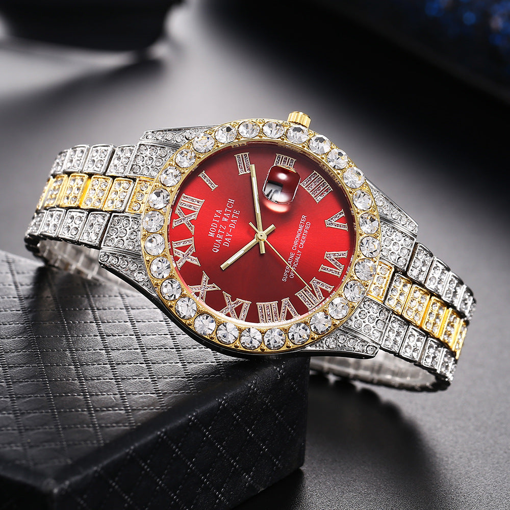 Full Diamond Face Roman Scale Steel Band Watch