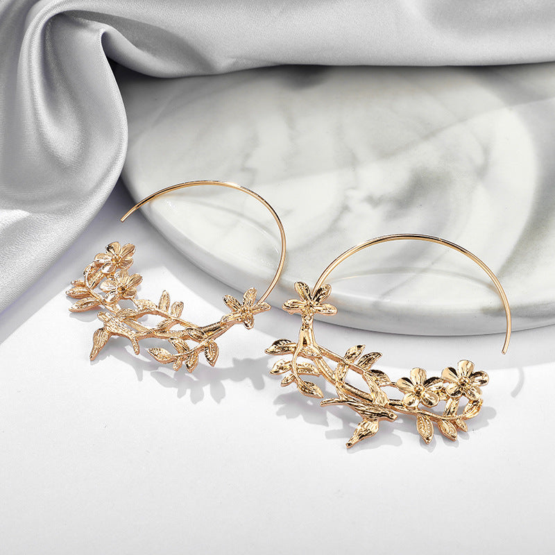 Flowers Bird Composition Hoop Earrings Exquisite Fashion Drop Earrings For Women