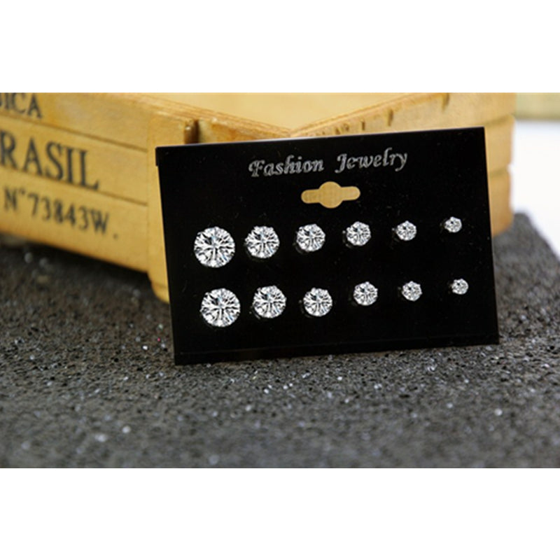 6pairs 6 Sizes Rhinestone Stud Earrings Fashion Women Female Earrings Piercing