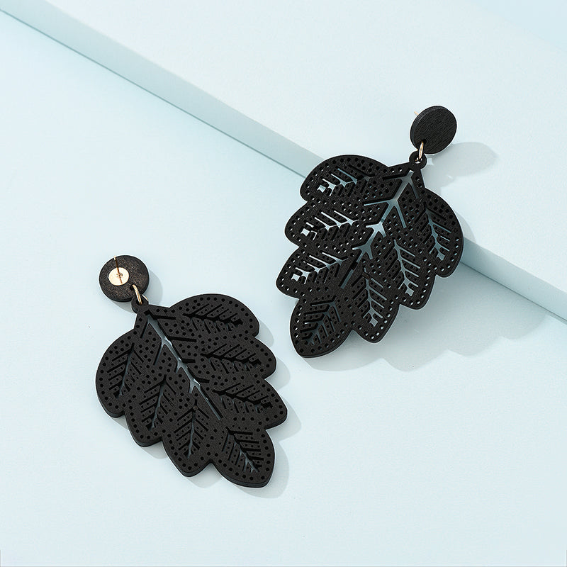 Wooden Black Leaf Drop Earrings Women Jewelry Mom Gift Everyday Wear Earrings