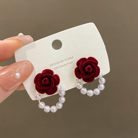 Red Rose Pearl Jewelry Stud Earring Modern Fashion Women Earrings Piercing Studs