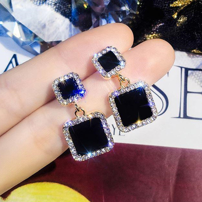 Rhinestone Black Color Square Jewelry Fashion Dangle Earrings for Girls Party Birthday Gift
