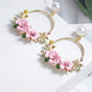 Trendy Cute Pink Flower Earrings For Women Girls Jewelry Female Rhinestone Gold Metal Round Circle Earrings Gift