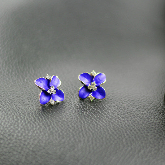 Small Blue Flower Stud Earrings Women Fashionable Luxurious Earrings Jewelry