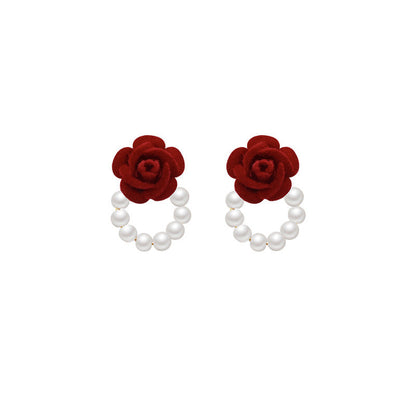 Red Rose Pearl Jewelry Stud Earring Modern Fashion Women Earrings Piercing Studs