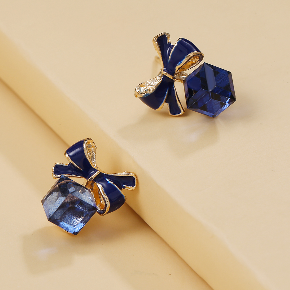 Navy Blue Bow Stud Earrings Women Fashionable Luxurious Earrings Jewelry