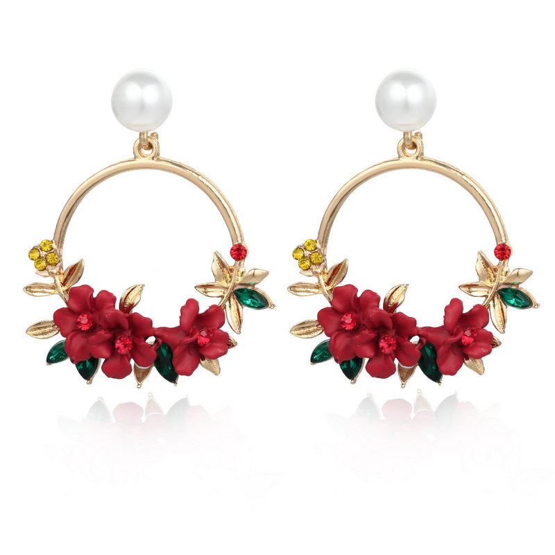 Trendy Cute Pink Flower Earrings For Women Girls Jewelry Female Rhinestone Gold Metal Round Circle Earrings Gift