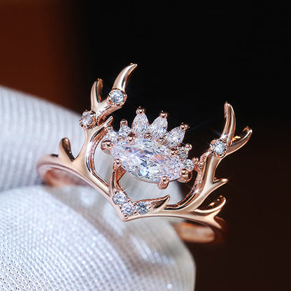 Fashion Glittering Zircon Embellished Lovely Rose Gold Elk Antlers Zircon Wedding Ring