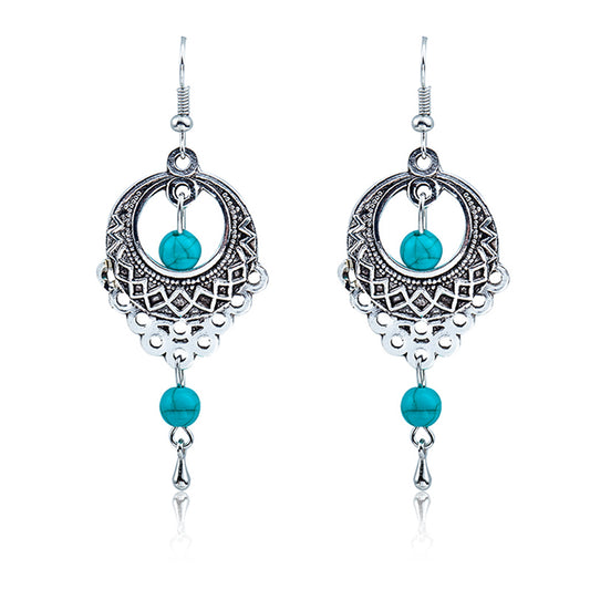 Ethnic Drop Earrings Women gift Silver Color Blue Beads Earring Big Long Tassel Statement Charm Vintage Jewelry