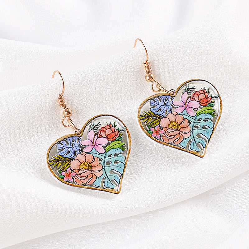 Mixed Flower Pattern Heart Drop Dangle Earrings Women Jewelry Gift for Her Accessories