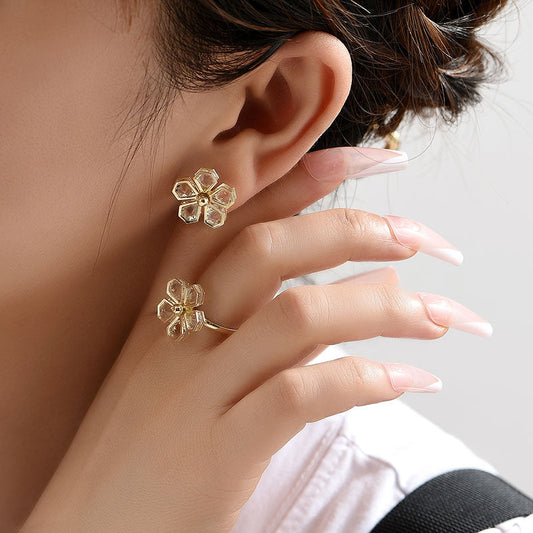 Geometric Flower Stud Earrings and Ring Fashion Women Female Earrings Piercing