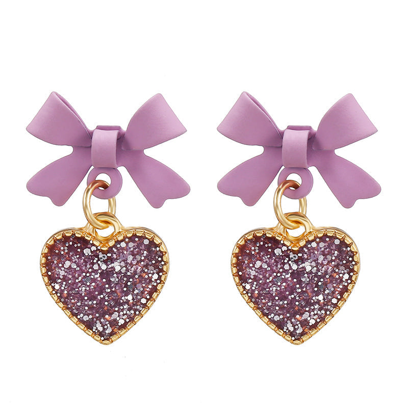 Purple Heart Bow Jewelry Fashion Dangle Earrings for Girls Party Birthday Gift