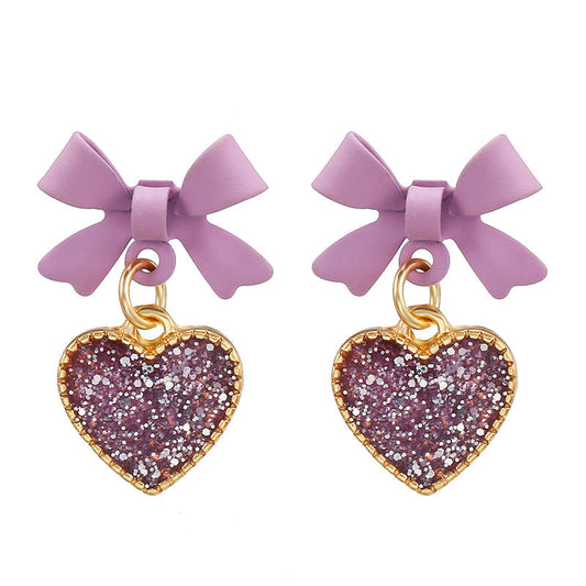 Purple Heart Bow Jewelry Fashion Dangle Earrings for Girls Party Birthday Gift