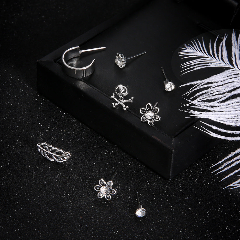 9pc Set Skull Flowers Feather Stud Earrings Female Girl Fashion Earrings