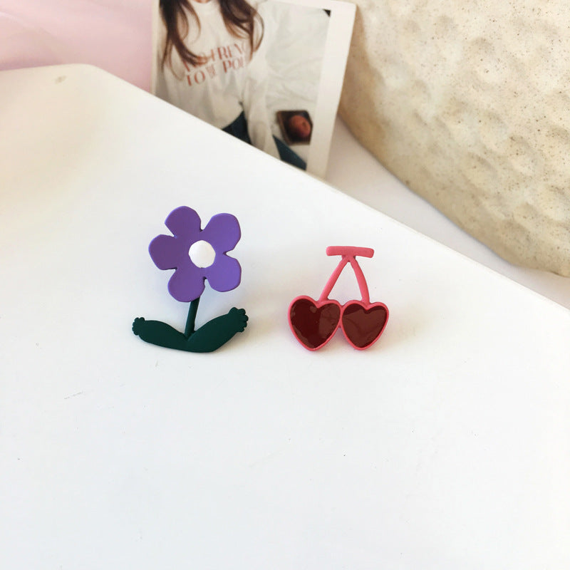 Flower and Cherry Stud Earrings Women Fashionable Luxurious Earrings Jewelry