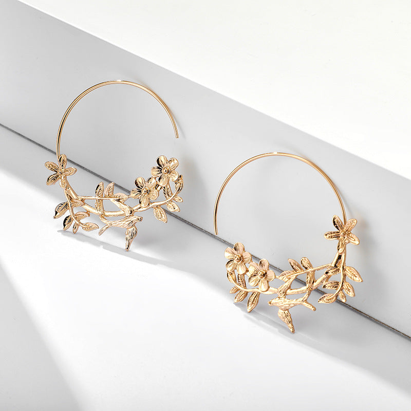 Flowers Bird Composition Hoop Earrings Exquisite Fashion Drop Earrings For Women