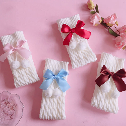 Girls' Daily Knitting Pile Of Wool Ball Bow Socks