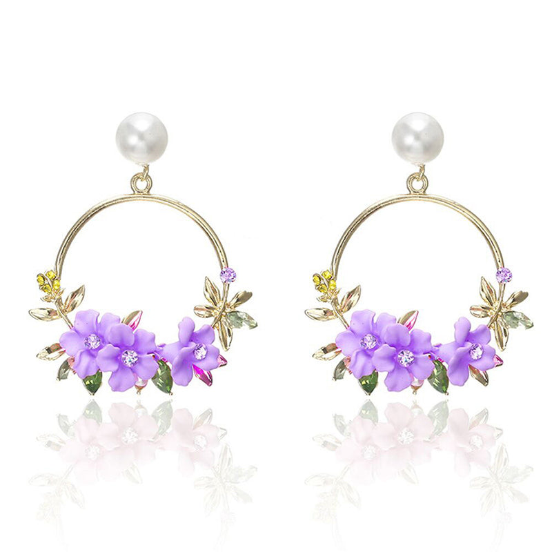 Trendy Cute Pink Flower Earrings For Women Girls Jewelry Female Rhinestone Gold Metal Round Circle Earrings Gift