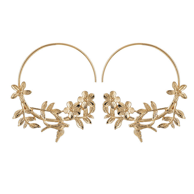 Flowers Bird Composition Hoop Earrings Exquisite Fashion Drop Earrings For Women