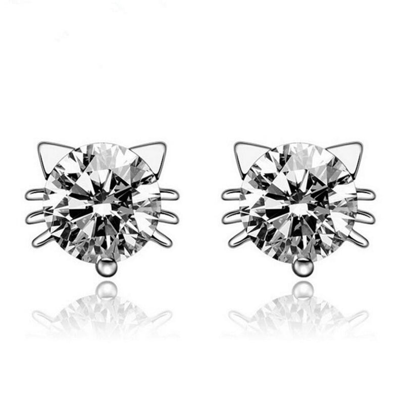 Adorable Cat Stud Earrings Round Cubic Zirconia Push-Back Earring Women Gift Wedding Party Fashion Jewelry Accessories