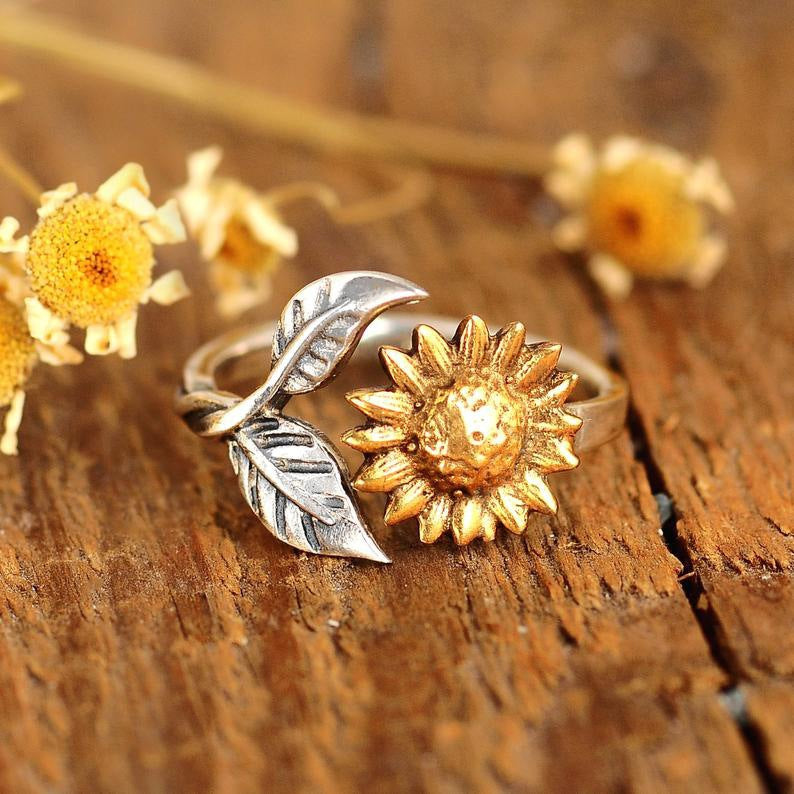 Bohemia Two-tone Sunflower Ring Flower Adjustable Ring Women Wedding Engagement  Jewelry Gifts