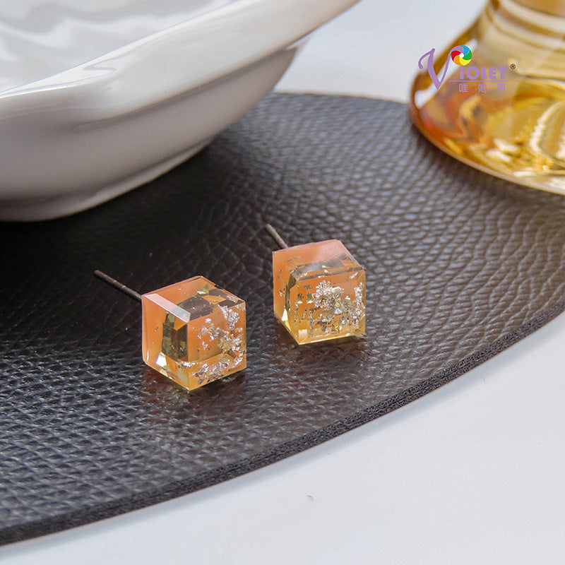 Glitter 3D Cube Stud Earrings Accessories Gift Women Girl Fashionable Jewelry