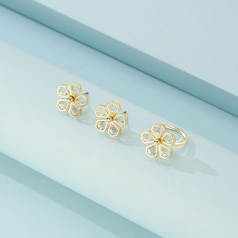 Geometric Flower Stud Earrings and Ring Fashion Women Female Earrings Piercing