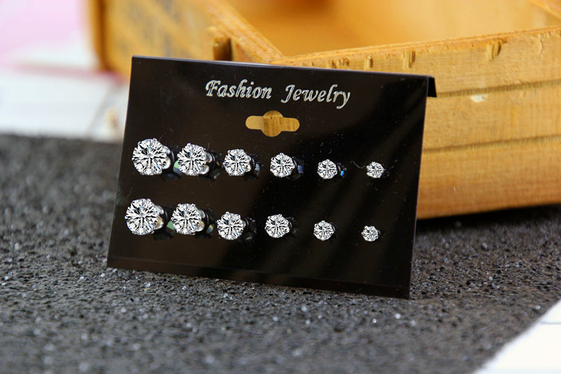 6pairs 6 Sizes Rhinestone Stud Earrings Fashion Women Female Earrings Piercing