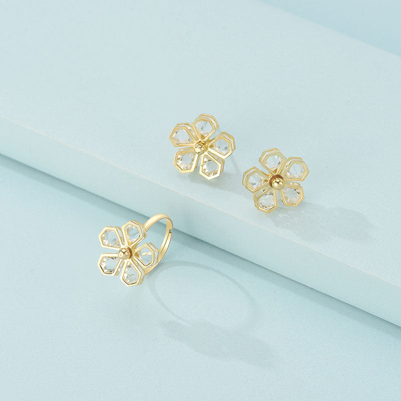 Geometric Flower Stud Earrings and Ring Fashion Women Female Earrings Piercing