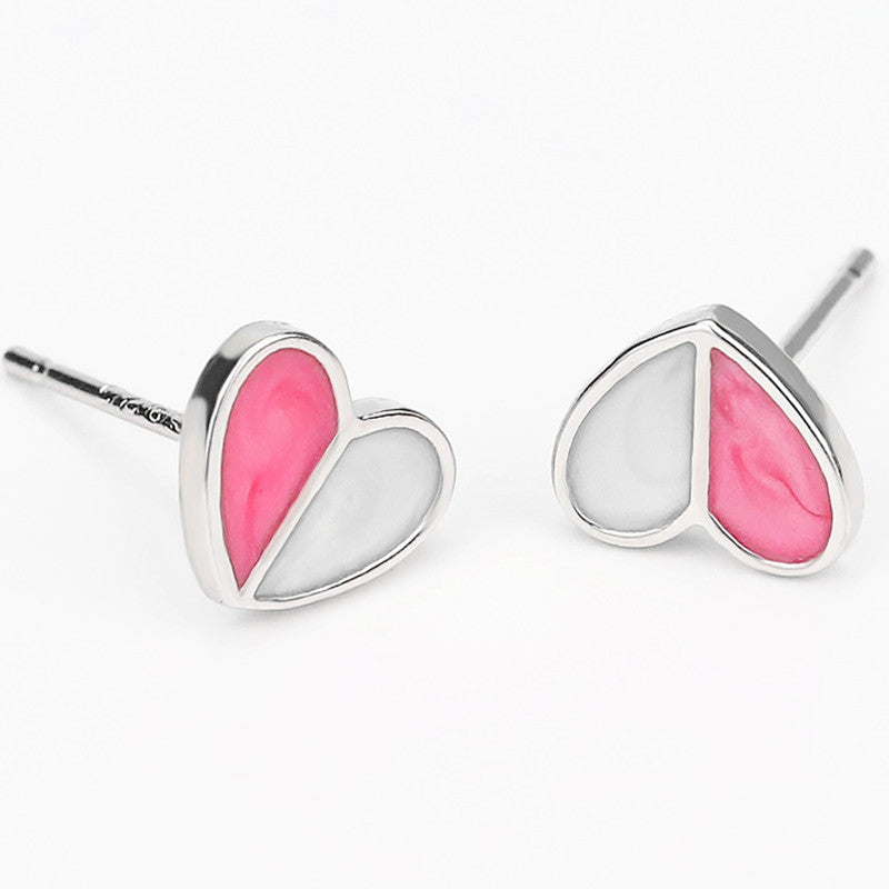 Half White Pink Heart Stud Earrings Accessories Gift Women Girl Fashionable